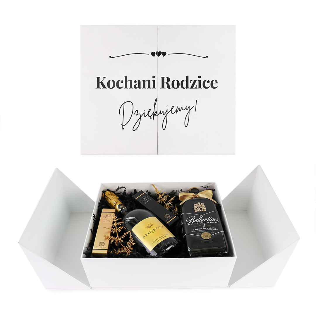 Personalizowany Wedding Box z podziękowaniami dla rodziców z Prosecco Soffio i Whisky Ballantine's 7YO
