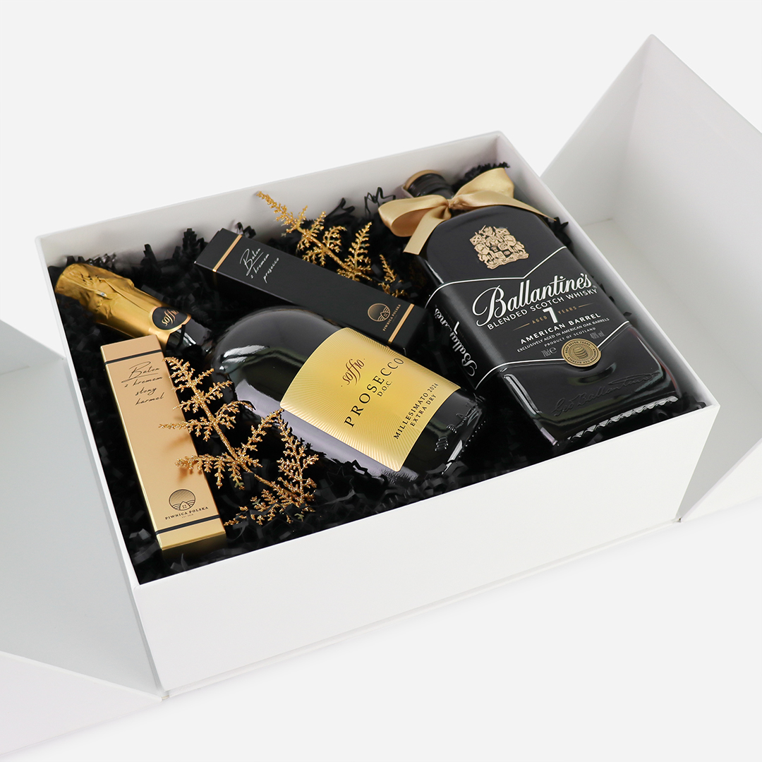 Personalizowany Wedding Box z podziękowaniami dla rodziców z Prosecco Soffio i Whisky Ballantine's 7YO
