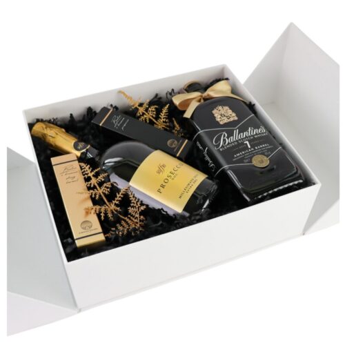 Personalizowany Wedding Box z podziękowaniami dla rodziców z Prosecco Soffio i Whisky Ballantine's 7YO