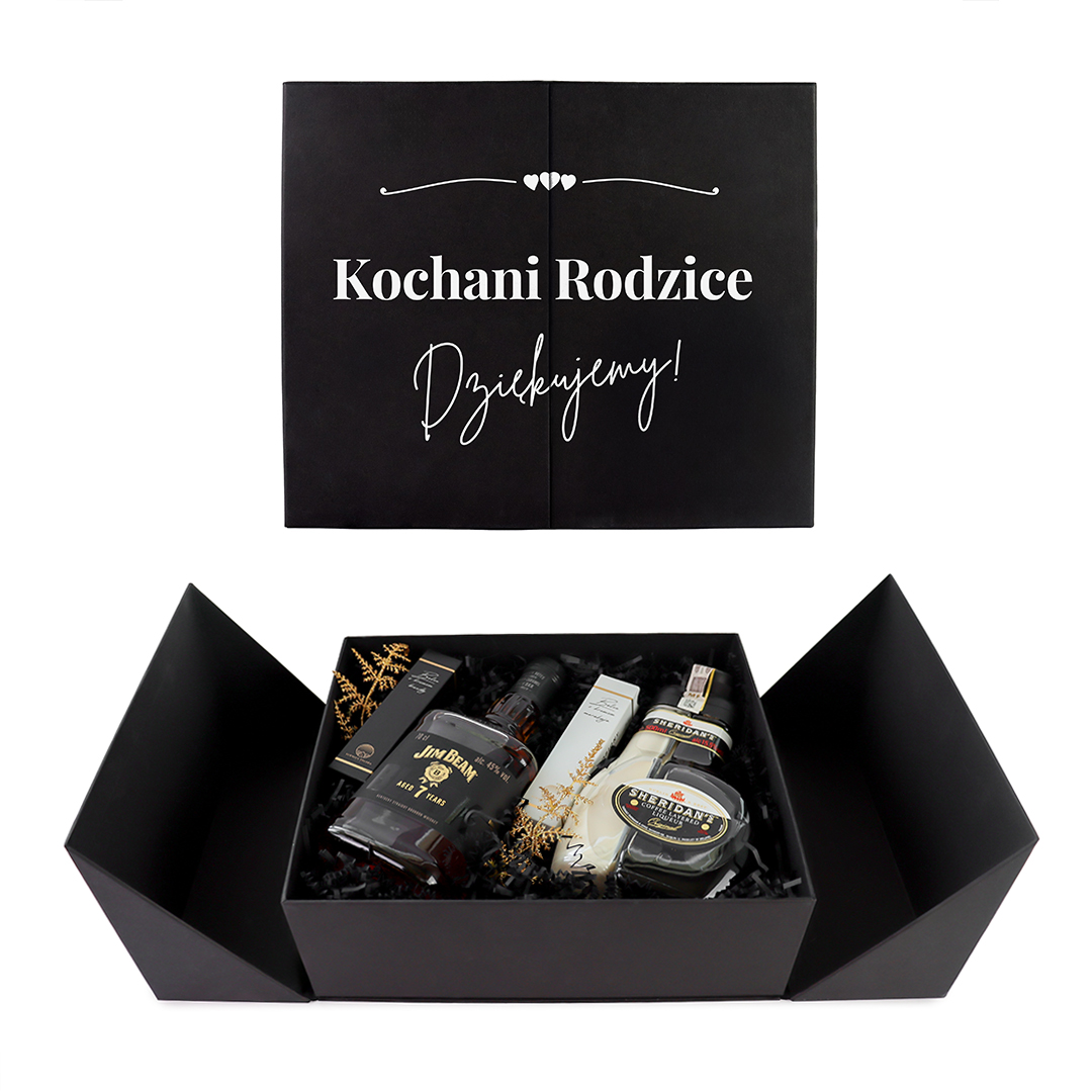Personalizowany Wedding Box z podziękowaniami dla Rodziców z Whisky Jim Beam 7YO i Likierem Sheridan's