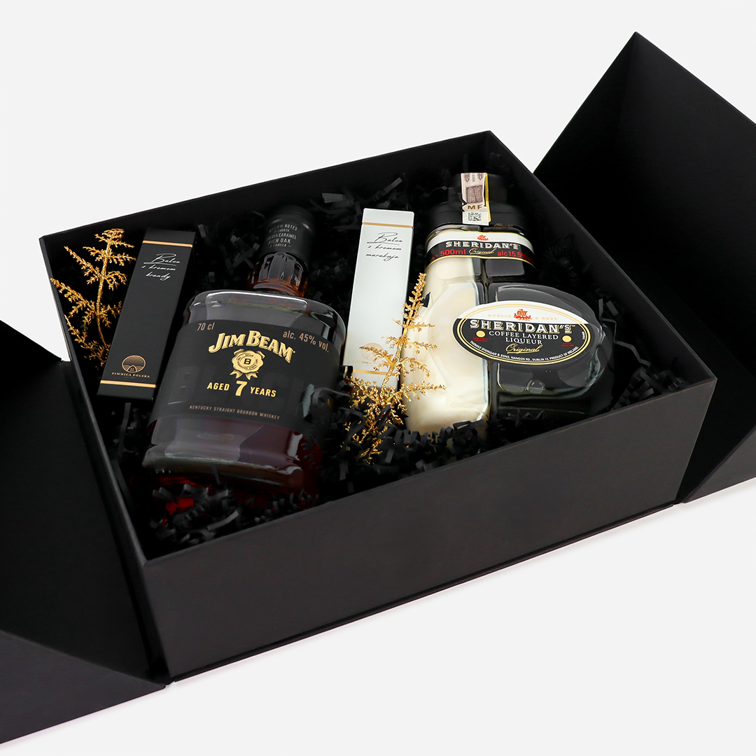Personalizowany Wedding Box z podziękowaniami dla Rodziców z Whisky Jim Beam 7YO i Likierem Sheridan's